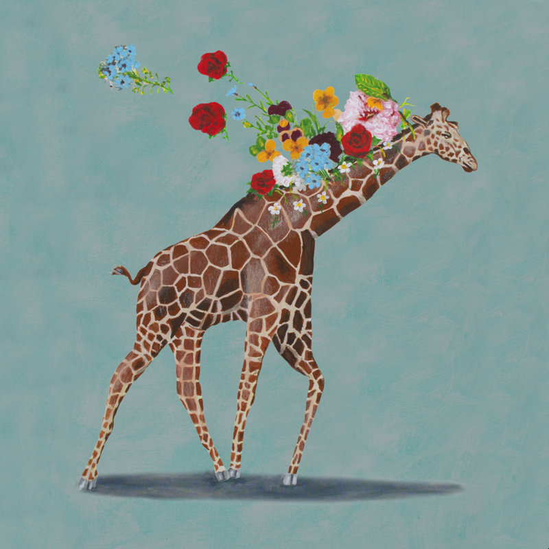Girafe avec des fleurs - Peinture, H 36 po x l 36 po, Non, Cadre flottant érable