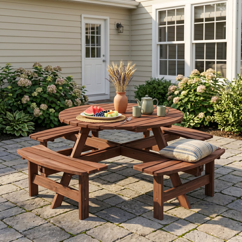 Table de pique-nique 43,3 po en bois 8 personnes avec 4 bancs intégrés, brun, Brown