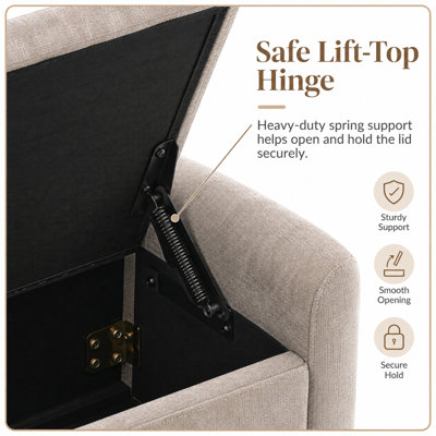 Banc coffre Canterbury avec revêtement en tissu chenille, piètement en métal doré, charnière de sécurité et structure en pin.