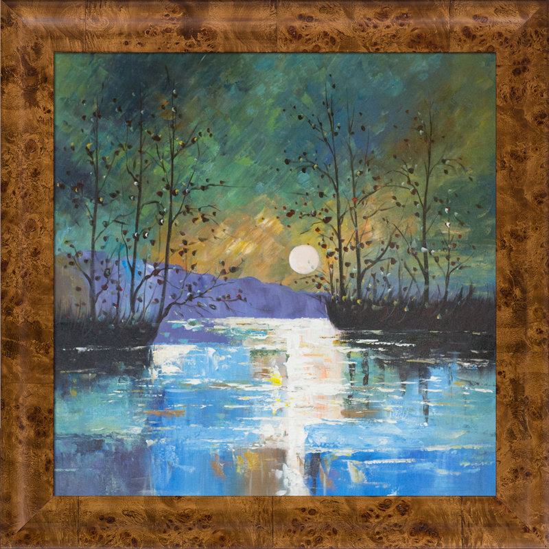 Rivière avec lune brillante - peinture sur toile encadrée, H 29,75 po x l 29,75 po x P 2 po, Broussin de La Havane