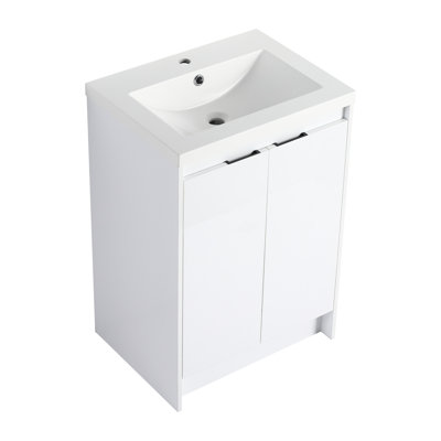 Meuble-lavabo autoportant avec lavabo en résine de 24 po, aspect blanc brillant, caractéristiques contemporaines du produit au fini fini, caractéristiques du design