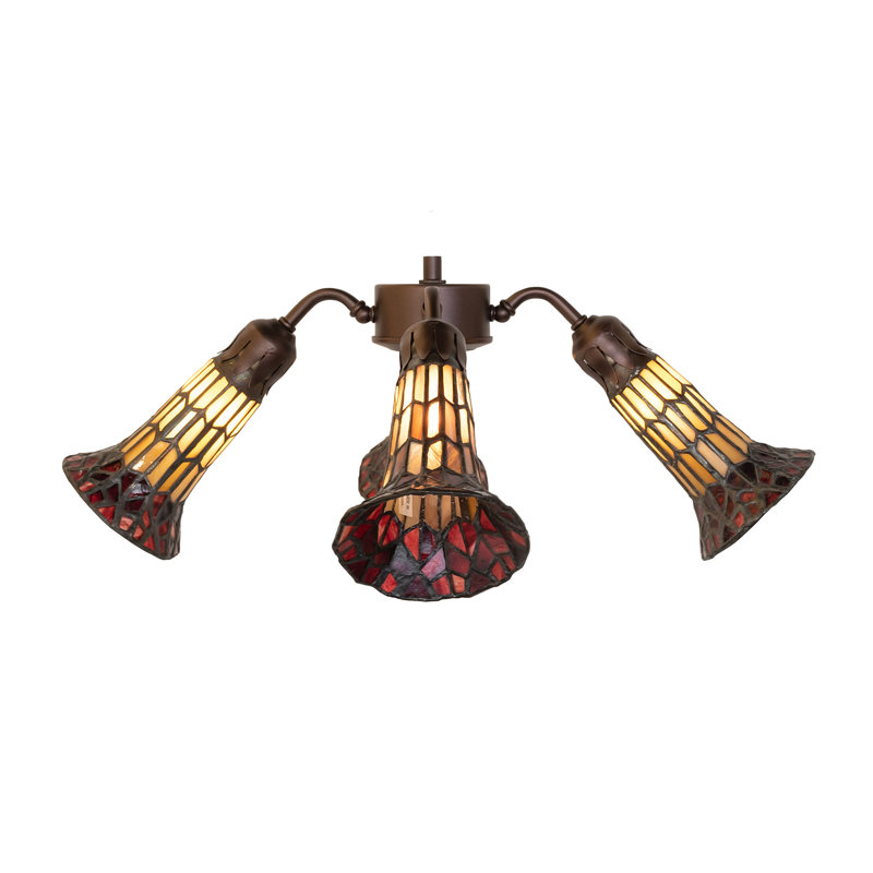 19" Wide Stained Glass Pond Lily 4 Light Fan Light, Red/Amber