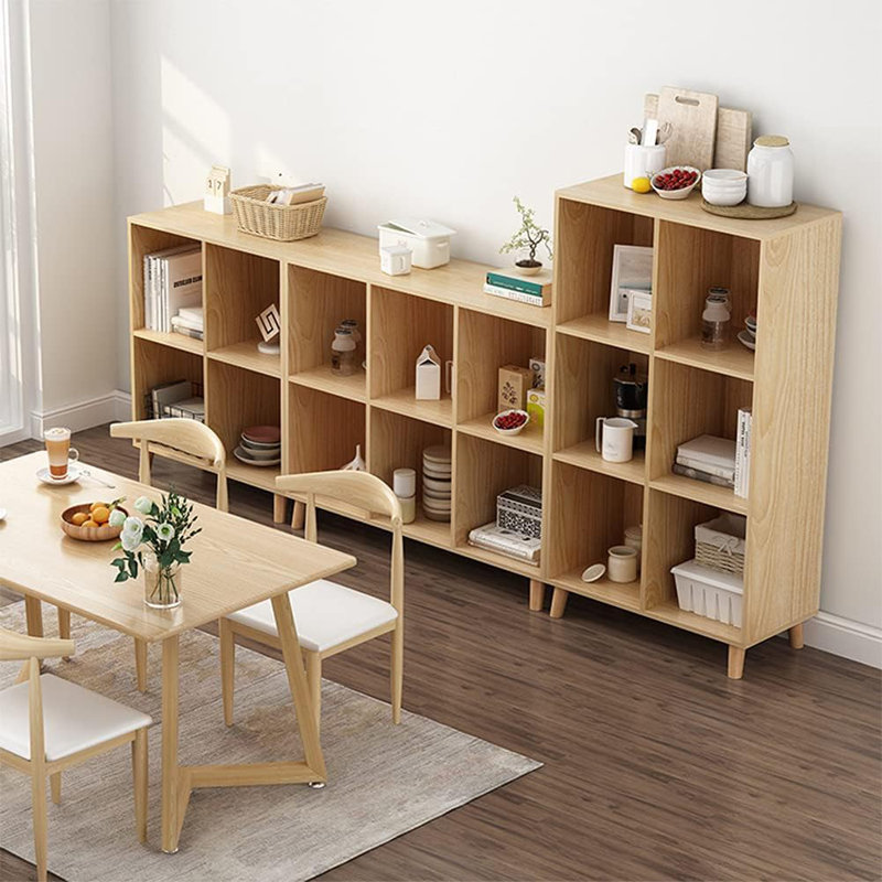 Freestanding Open Cubes Bookcase - 2-Tier Floor Standing Wooden Storage Display Cabinet Organizer With Legs For Home Office, 4-Cubes Open Shelf Low Short Bookshelf, Oak