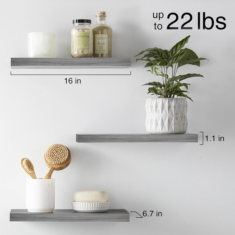 Rustic Floating Shelves for Wall - Small Size - Versatile Design - Grey - Set of 3, 1.1" H x 6.7" W x 15.7" D