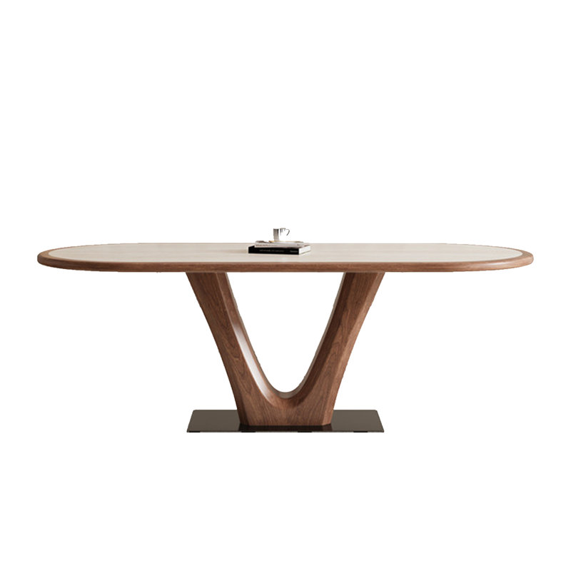 Table de salle à manger moderne minimaliste ovale avec supports en forme de V et plateau en pierre frittée