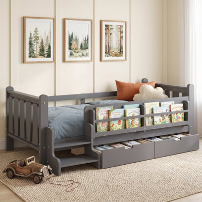 Solid Wood Kids Floor Bed with Storage Bookcases and Drawers, Montessori Toddler Bed with Cute Stairs and Guardrails