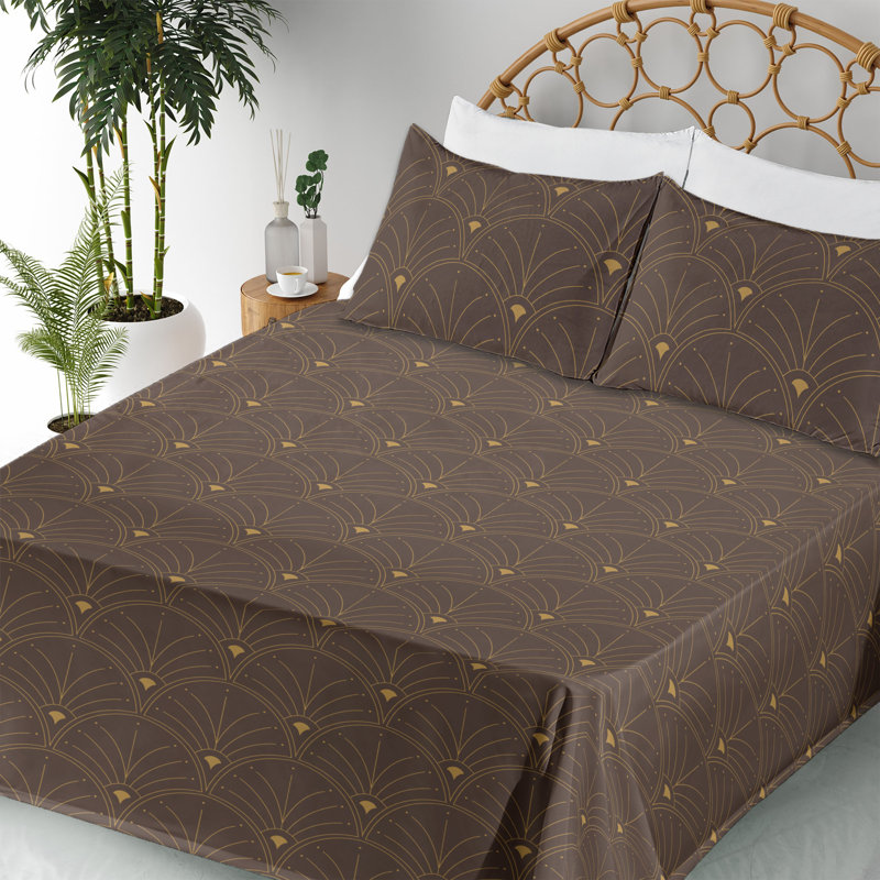 Microfiber Sheet Set, Full Sheet Set with 2 Pillowcases, Dark Brown/Sand Brown Geometric