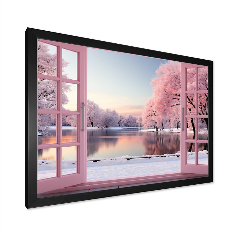 «Pink Winter Window By The Lake», art mural paysage d'hiver, H 12 po x l 20 po x P 1 po, Cadre d'angle fermé noir