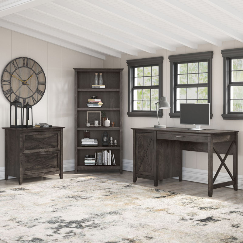 Huckins 3 Piece Computer Desk Office Set, Dark Gray Hickory