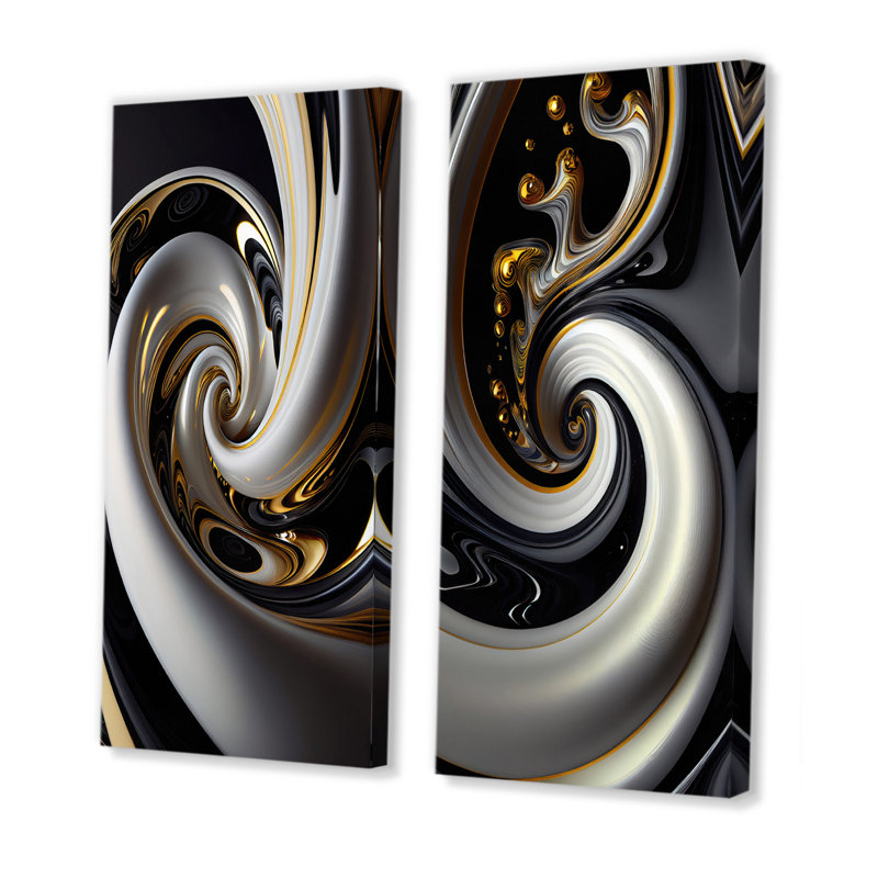 "Vitrail doré noir et blanc III", 2 pièces sur toile, Toile tendue, H 40 po x l 40 po