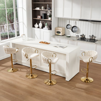Ensemble de 4 tabourets de bar pivotants en velours, tabourets de bar dorés modernes avec dossier tissé, chaises de bar à hauteur de comptoir réglables, beige
