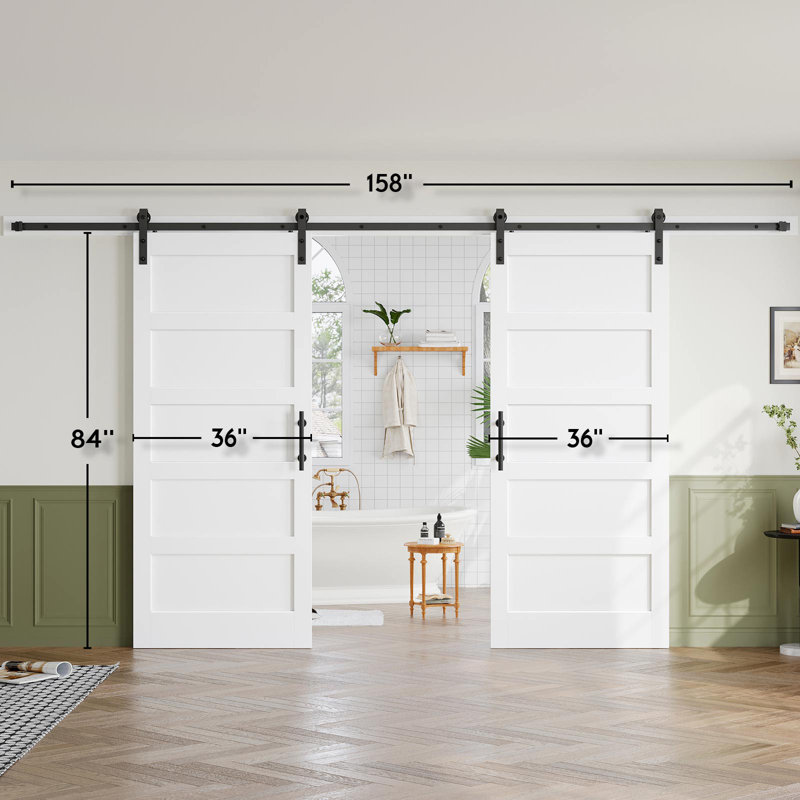 Porte de grange double en bois manufacturé à 5 panneaux avec quincaillerie d'installation, 72 po x 84 po