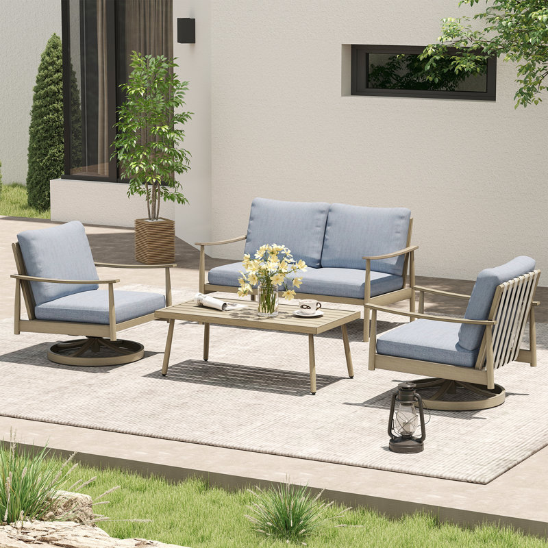 Ensemble de conversation d'extérieur pour 5 personnes avec coussins Mariène, Bleu, Brun