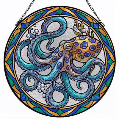 Octopus Stained Stained Glass Window Panel，12"H