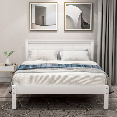 Lit simple blanc avec tête de lit, support de lattes en bois robuste, pas besoin de sommier à lattes, ressort, finition