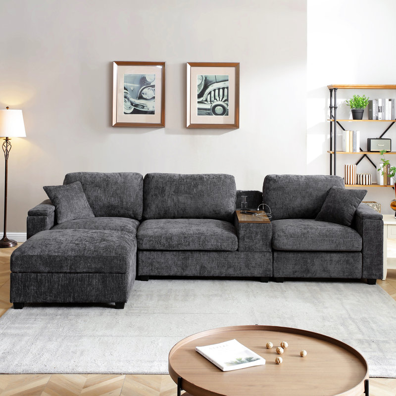 Canapé modulaire en L 120,3 po avec table rabattable, porte-gobelets, hublots, rangement - Lin gris moderne confortable 5 pour salon pliable et accoudoir 5 zone principale