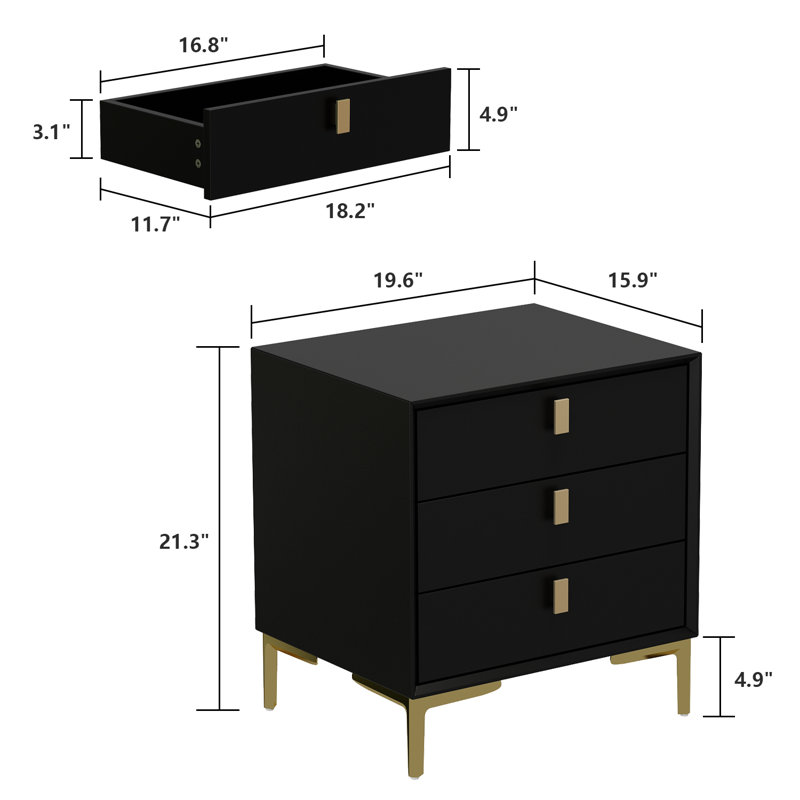 3 - Drawer Nightstand With Metal Legs, Black