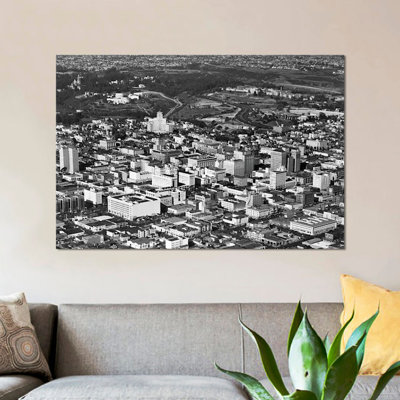 " 1950s Aerial View Showing El Cortez Hotel And Balboa Park Downtown San Diego, California USA " Black and White Photography