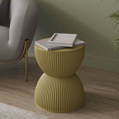 Teryl 15" Fiberstone Round Side Table with Ribbed Hourglass Design – Indoor Outdoor Accent End Table for Patio, Living Room, or Bedroom