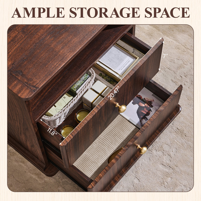Ensemble de 2 tables de bout avec 2 tiroirs de rangement Abarca, table d'appoint moderne avec station de charge, chambre à coucher, salon, cascade incurvée, brun