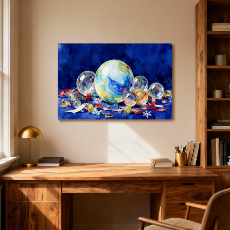 Ornements de Noël sur fond bleu, H 12 po x l 18 po