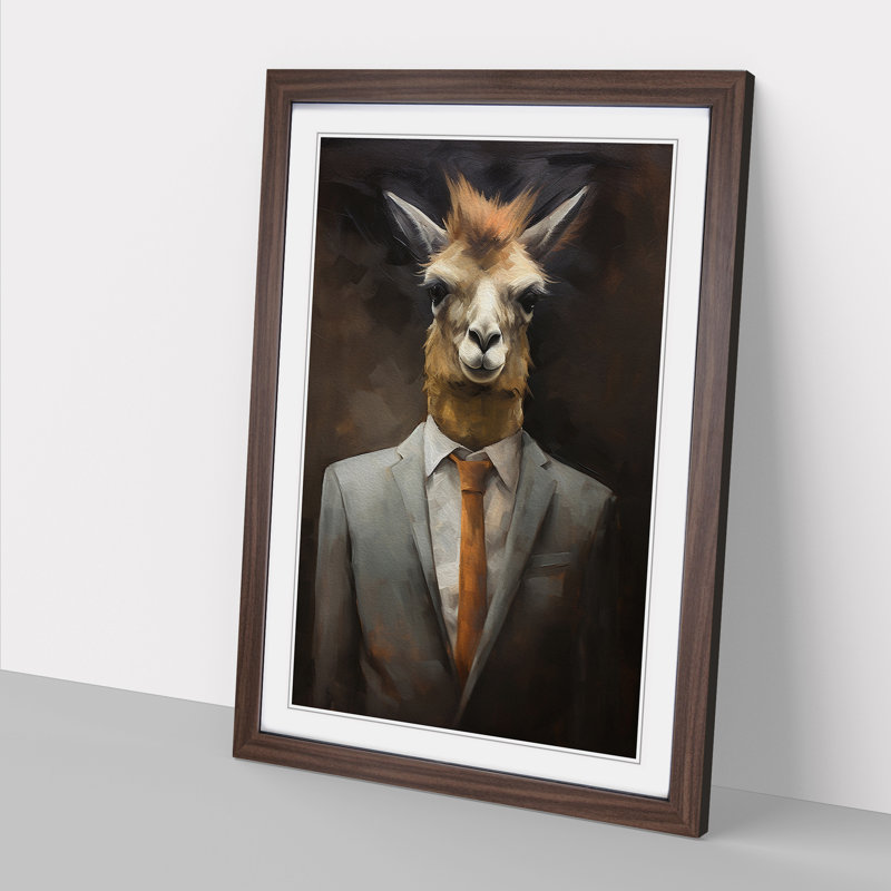 Llama In A Suit - Single Picture Frame Print on Wood, Walnut, 64cm H x 46cm W x 2cm D