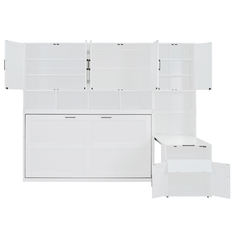 Lit escamotable mural simple avec placard, tiroirs et bureau - blanc