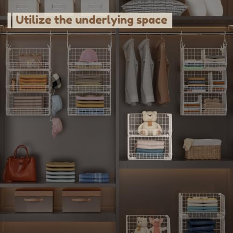 Organisateur de penderie à 4 niveaux avec séparateurs, très grand rangement de placard suspendu avec 5 crochets en S 4 diviseurs, organisateur de vêtements Chandails Embrayages Sacs à main Chapeaux Accessoires - Blanc