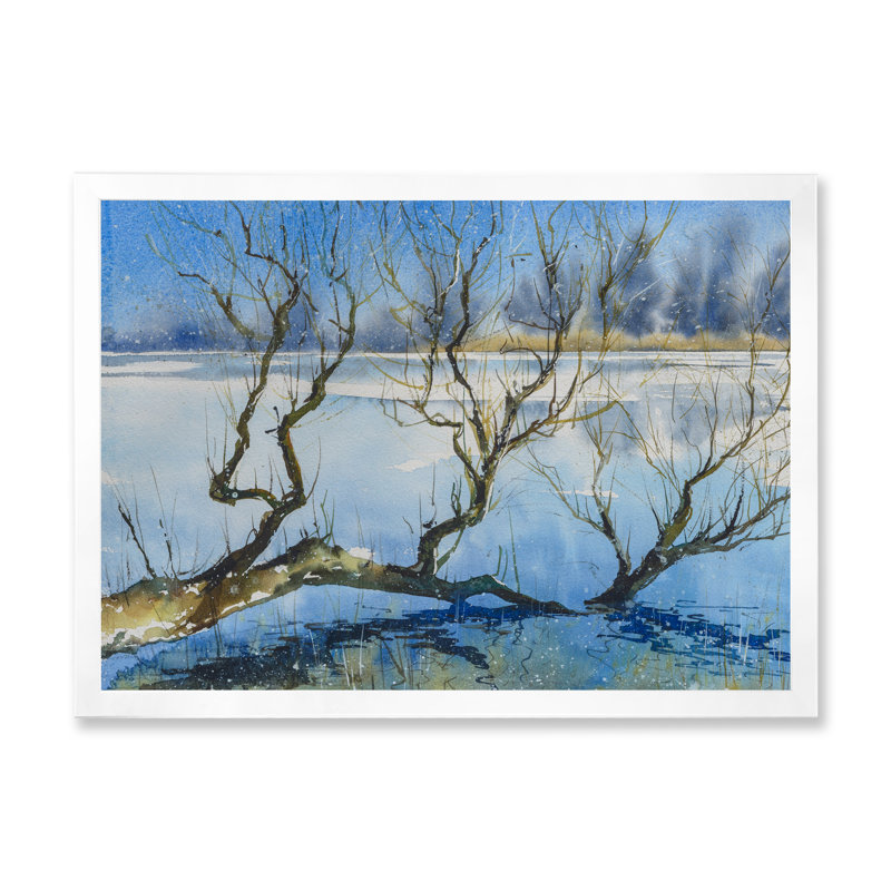 Arbre dans un lac d'hiver - reproduction d'art sur toile, H 30 po x l 40 po x P 1,5 po, Cadre blanc