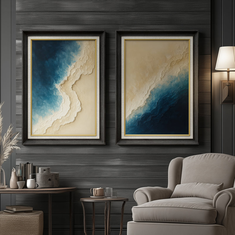 «Dramatic Coastline Edge Deep Blue Contrast», ensemble de 2 reproductions d'art encadrées sur papier de qualité supérieure 26 po x 36 po