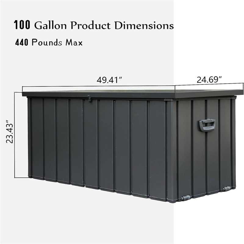Boîte de rangement pour terrasse de 100 gallons - Gris foncé, imperméable, verrouillable pour les coussins d'extérieur, les coussins, les outils de jardin avec matériau de construction, grand gallon, outils gris, qualité stable