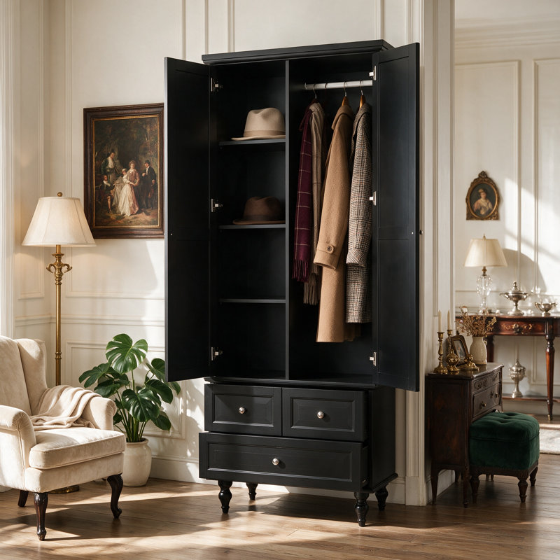Armoire peinte noire, tringle suspendue et 3 tiroirs l 31,5 po x H 70,9 po