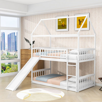 Twin Over Twin Wooden Bunk Bed with Slide and Playhouse Design