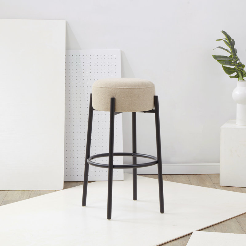 Colombe Upholstered Stool with Metal Frame, Bar Stool (30" Seat Height), Boucle-Tan