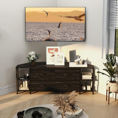 Meuble télé de coin avec tiroir et prise électrique, centre multimédia gain de place, console télé pour salon et chambre, noir