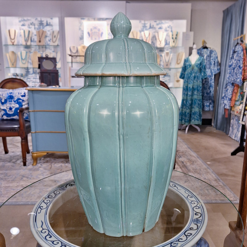 Celadon Ribbed Jar with Lid, Green