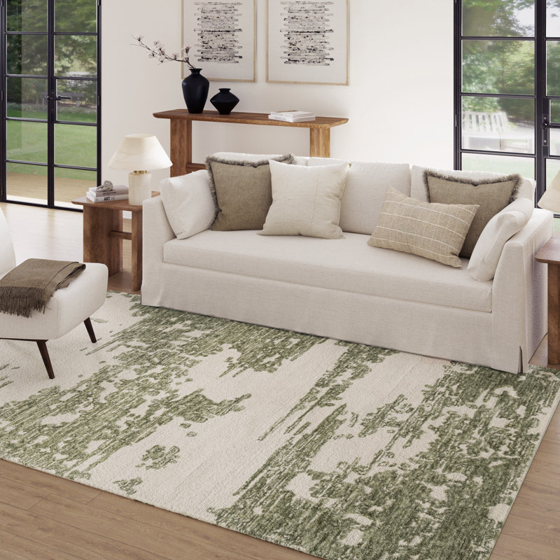 Tapis intérieur en laine touffeté à la main Zyan, Vert/Ivoire, 7 pi 9 po x 9 pi 9 po