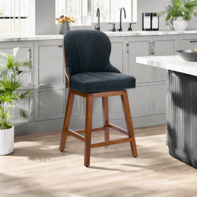 Swivel Bar Stools Set of 6 Mid Century Modern Faux Leather Upholstered Counter Height Barstools,Kitchen Island Wooden Bar Chairs,25-Inch Armless Counter Stools with Wood Back and Legs