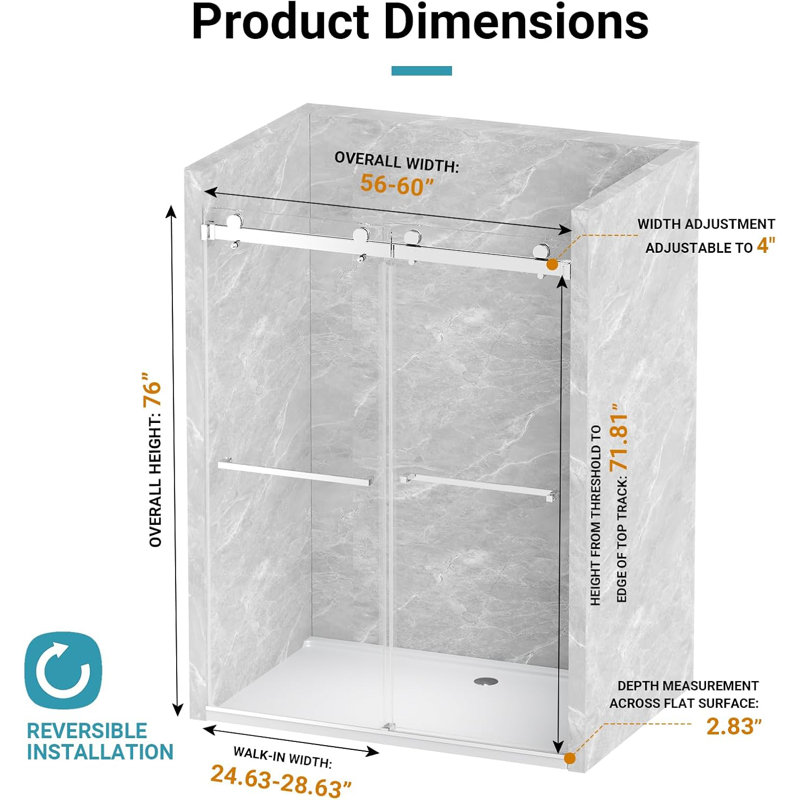 56–60" W x 76" H Frameless Double Sliding Shower Door with 3/8" Tempered Glass, Chrome, Chrome
