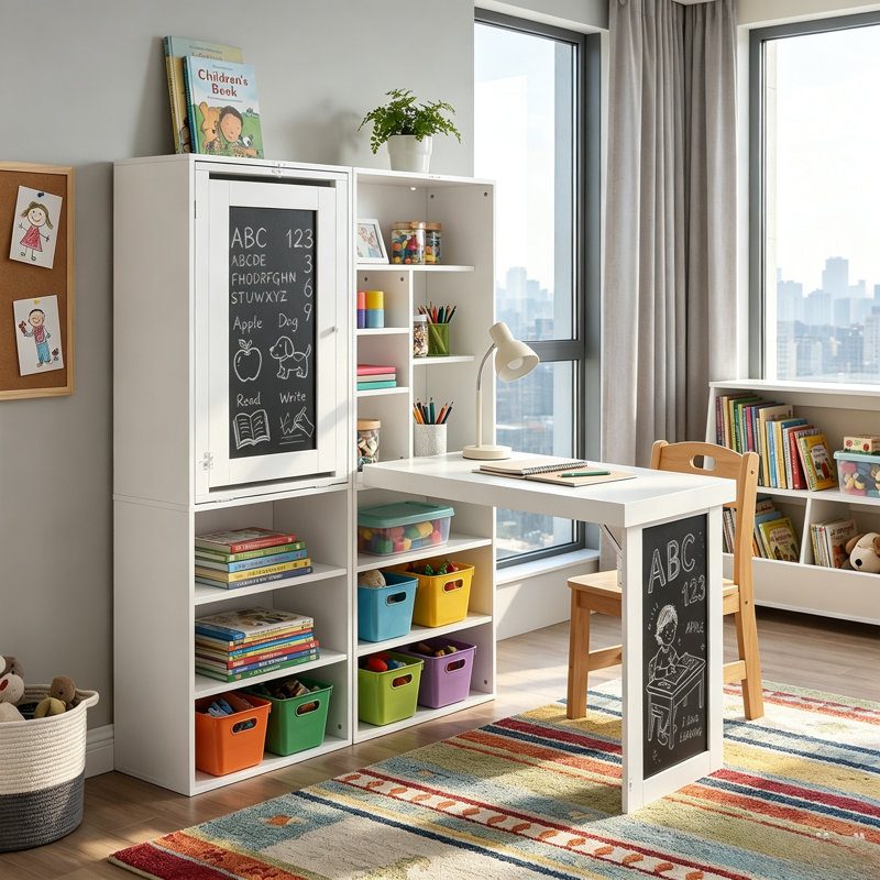 Bureau pliant avec rangement, table d'écriture convertible pliable avec tableau noir et tablettes, armoire pliante pour petits espaces / bureau personnel / salle d'artisanat