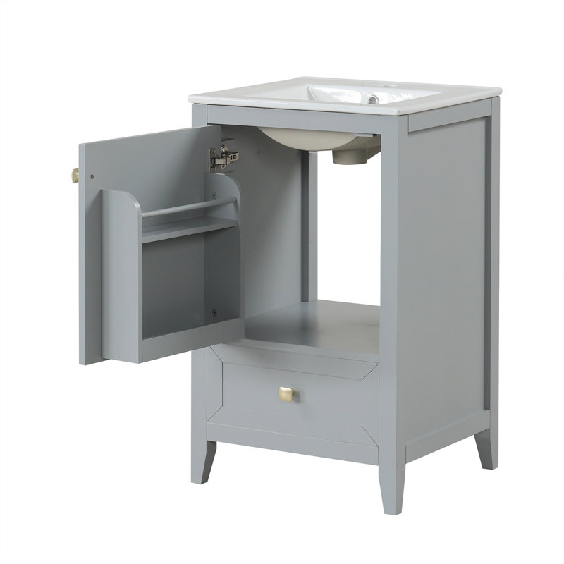 Meuble-lavabo de 20 po avec lavabo, armoire de salle de bain avec porte à fermeture douce, support de rangement et tiroir, gris (ancien SKU: N725P185452E)