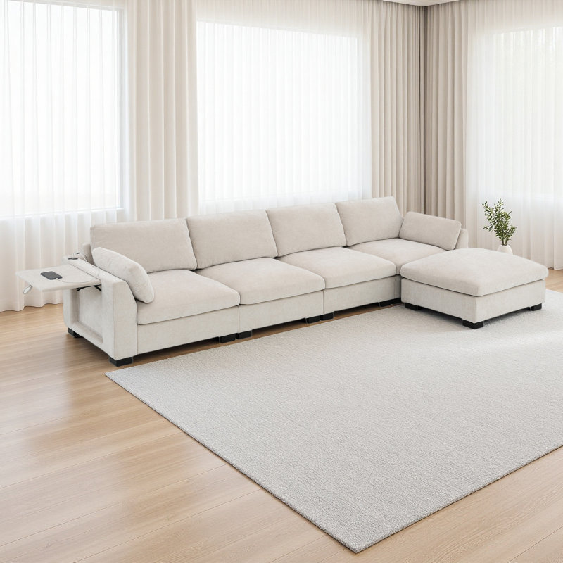 130" Modular Sectional Sofa, L-Shape With Folding Table And Dual-Port Charging, Side Storage Pockets, 2 Armrest Pillows, Free Movement Ottoman, High Density Foam, Chenille, 5 Seat