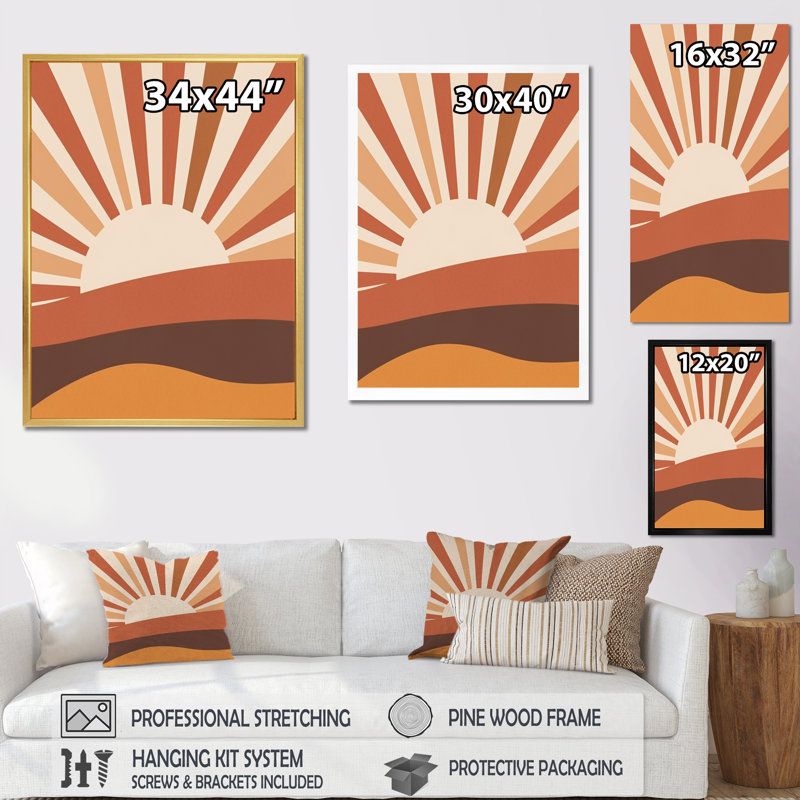 «Retro Terracotta Sun Midcentury Landscape» sur toile, Cadre flottant doré, H 20 po x l 12 po x P 1 po