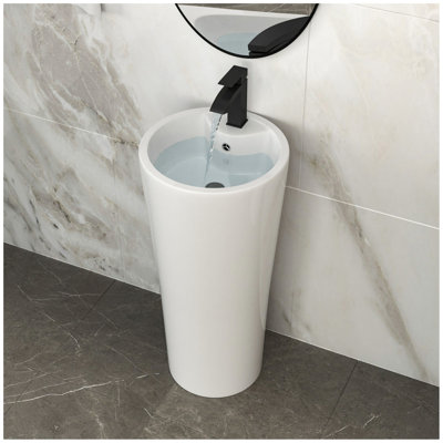 15" Classic White Ceramic Pedestal Sink Bathroom Sink Basin, Space-Saving Design For Powder Rooms, Kids' Bathrooms & Boutique Hotels"