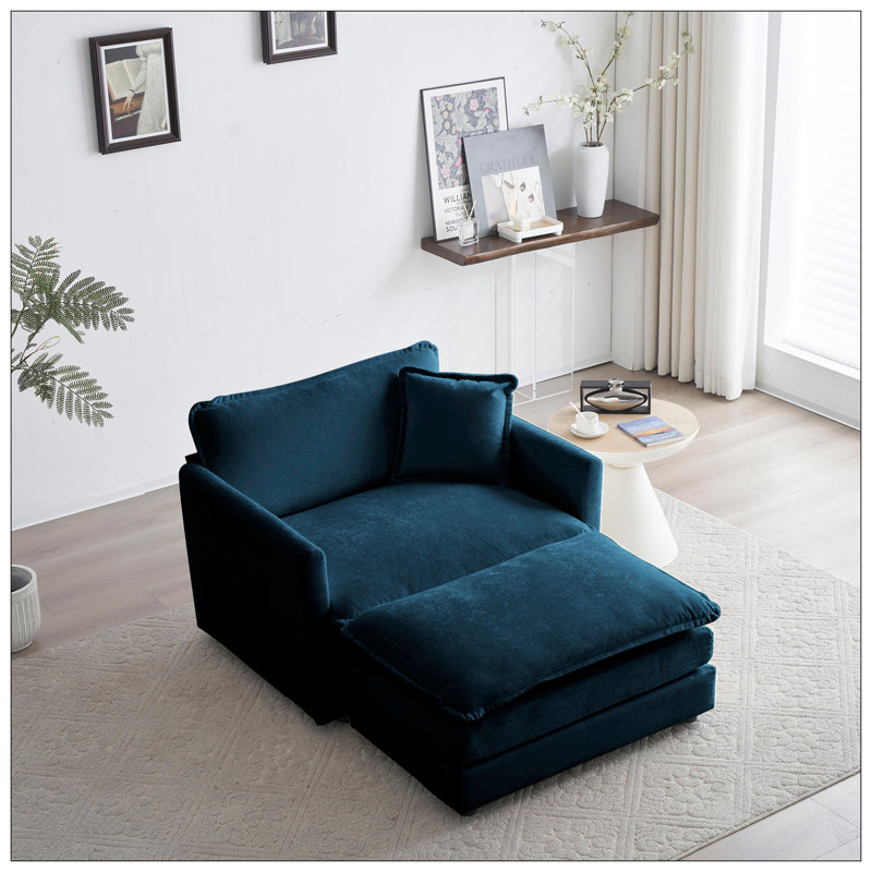 Fauteuil d'appoint moderne avec repose-pieds, Chenille bleu