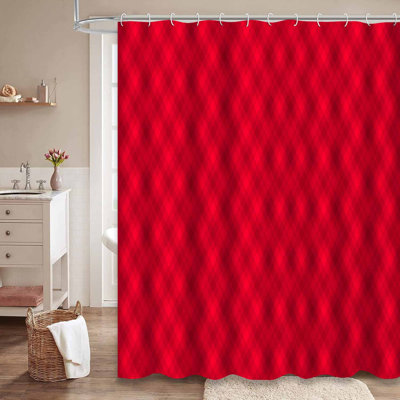 Red Fabric Abstract Buffalo Check White Shower Curtain with 12 Hooks