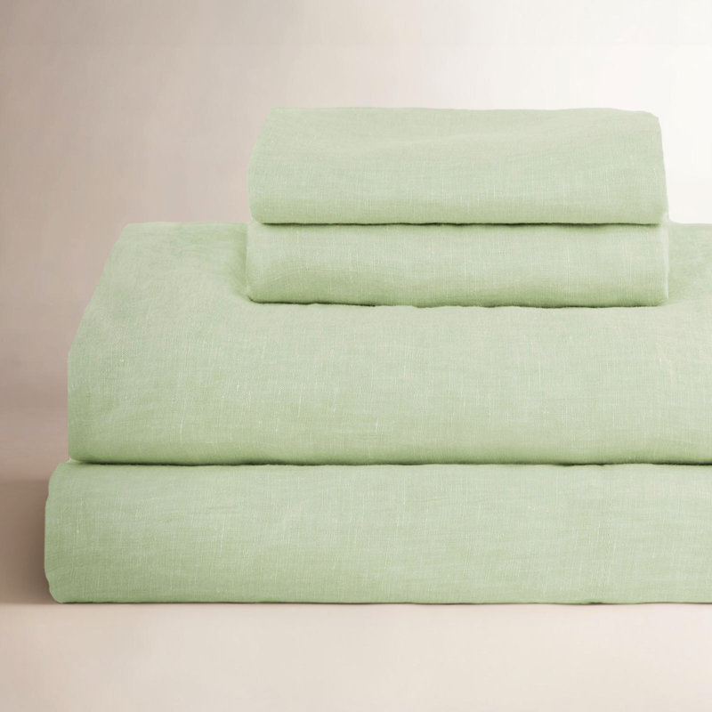 100% French Linen Sheet Set, California King Sheet Set with 2 Pillowcases, Matcha