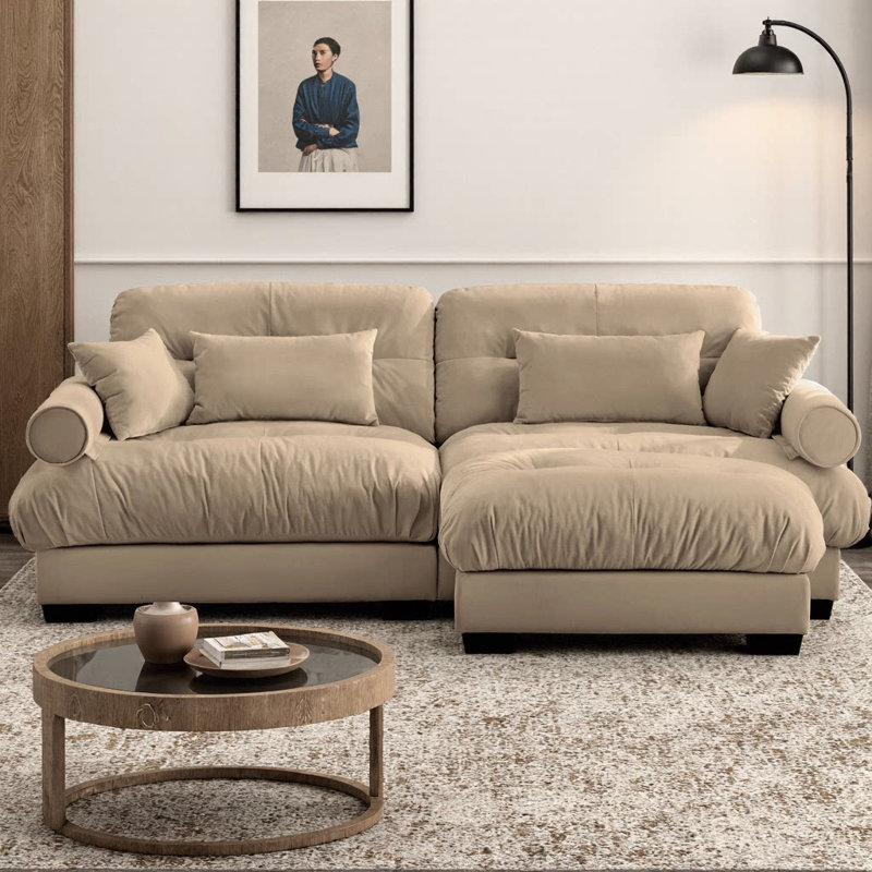 Oversize Modern L-Shape Sectional Sofa Two-Seater with Ottoman, Velvet Upholstery with Round Bolster Armrests, Includes Waist Pillow & Throw Pillows