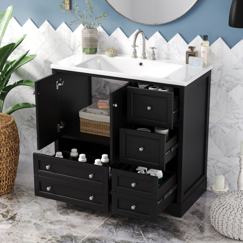 Meuble-lavabo de 36 pouces avec lavabo, meuble-lavabo Merriwood en bois massif avec 4 tiroirs de rangement et une tablette, portes Ã  fermeture douce