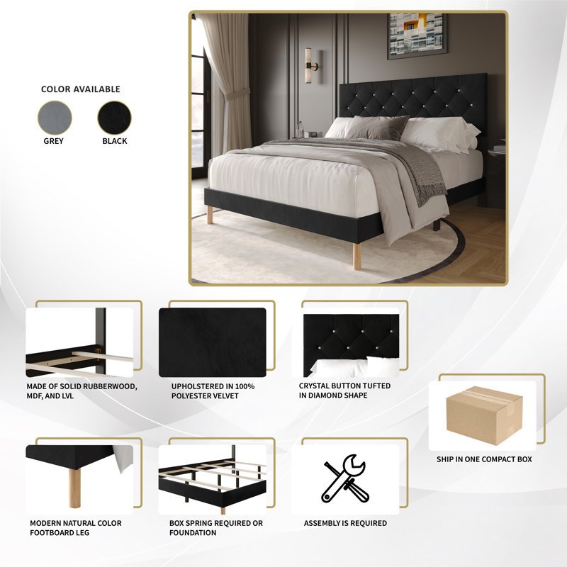 Velvet Upholstered Bed, Light Gray, Twin